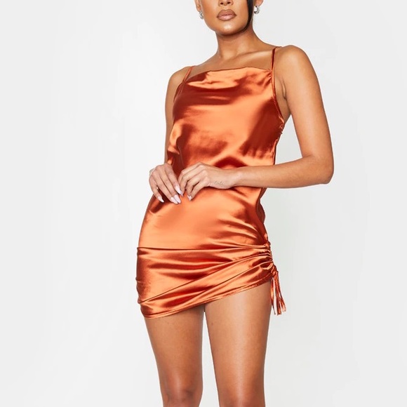 pretty little thing rust satin dress PrettyLittleThing Women's Abstract Print Satin Ombre Print Cowl Neck Maxi Dress in Bronze